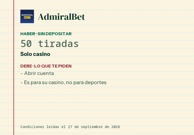 Qué da AdmiralBet sin depósito y qué pide a cambio