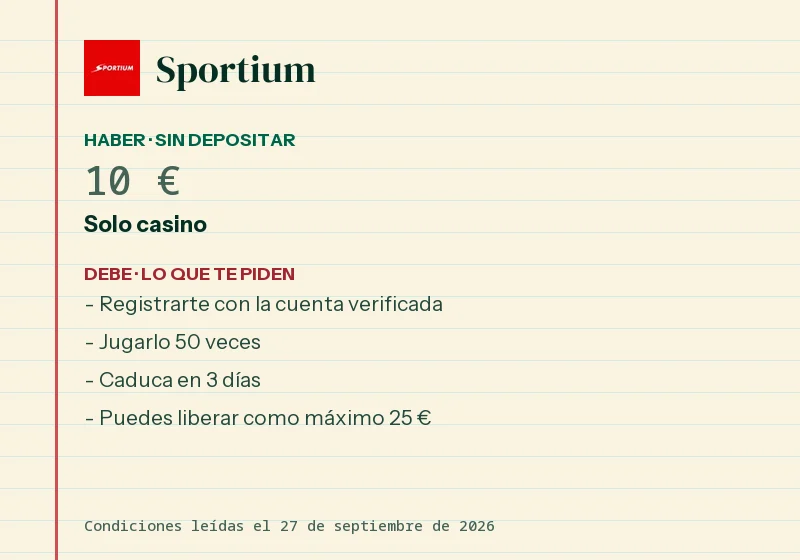 Qué da Sportium sin depósito y qué pide a cambio